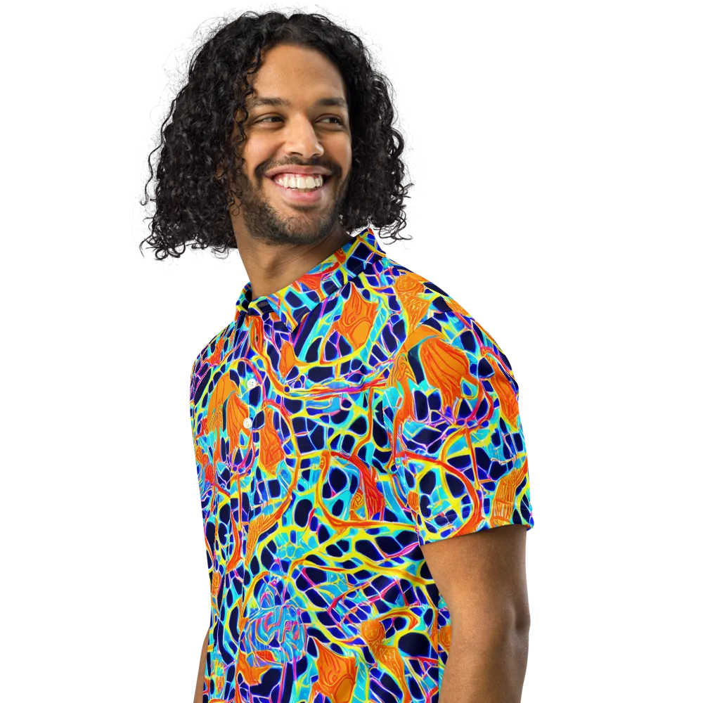 Neon Coral Circuit on Men's Slim Fit Polo Shirt — Left Front