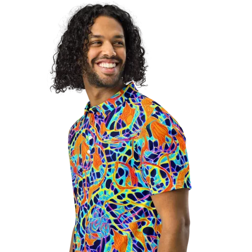 Neon Coral Circuit on a Men's Slim Fit Polo Shirt