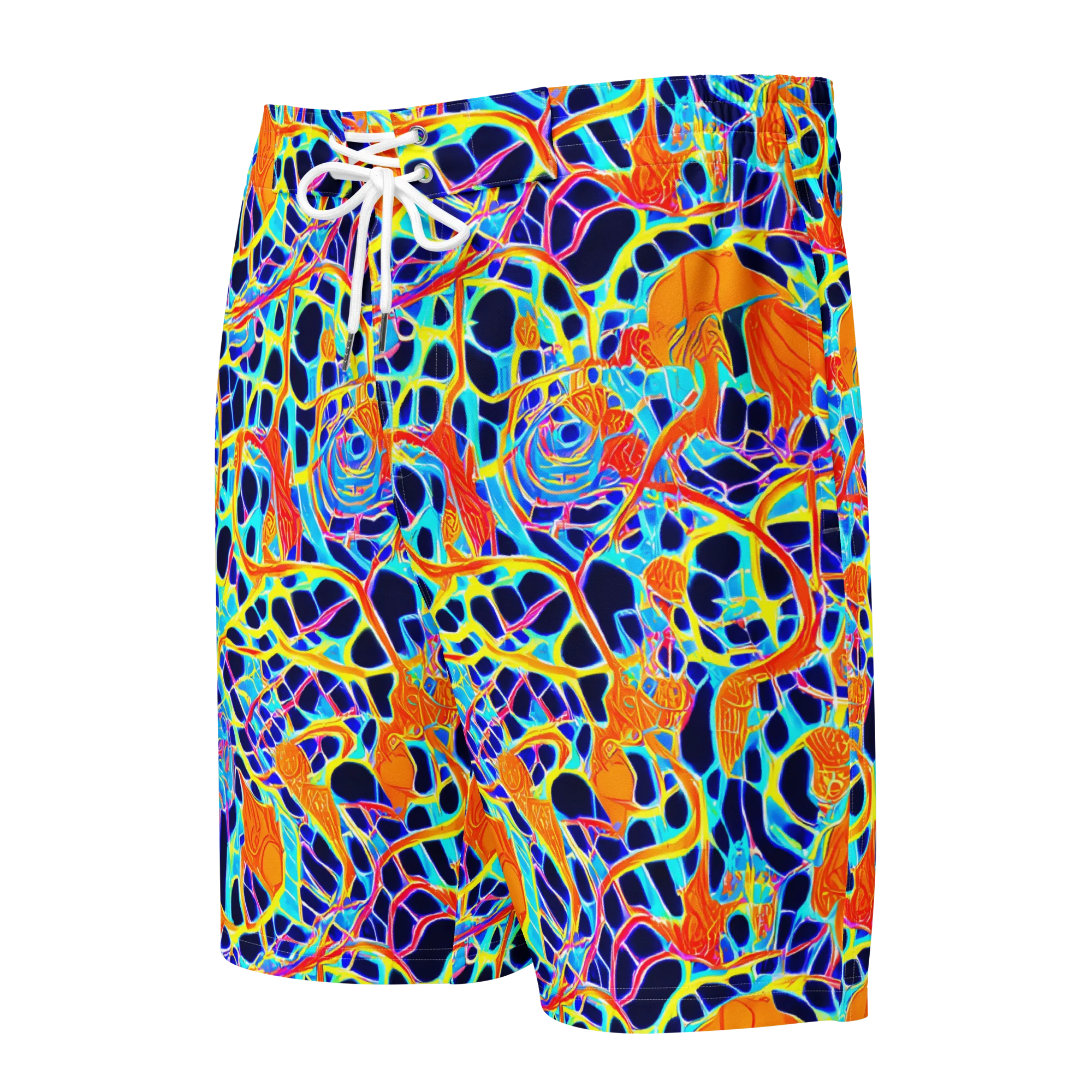 Neon Coral Circuit on Men's Board Shorts — Front