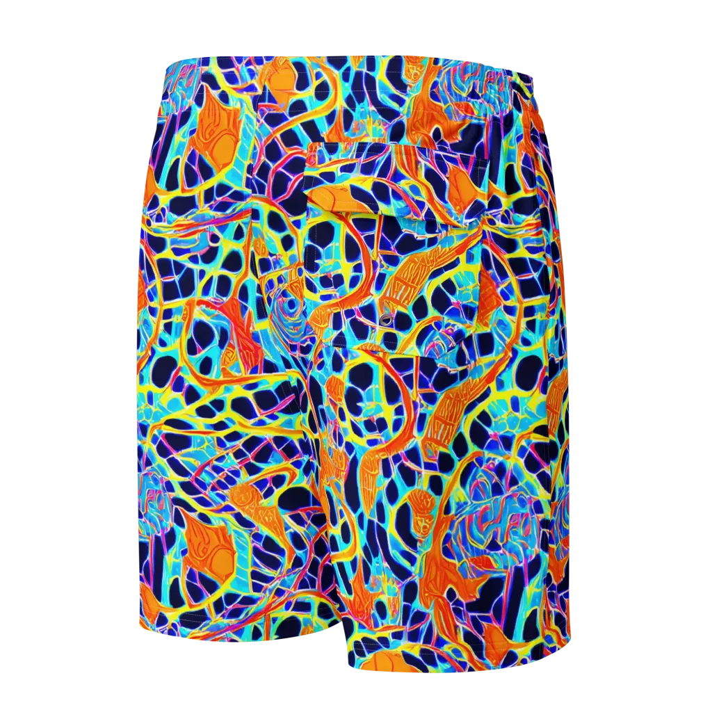 Neon Coral Circuit on Men's Board Shorts — Back