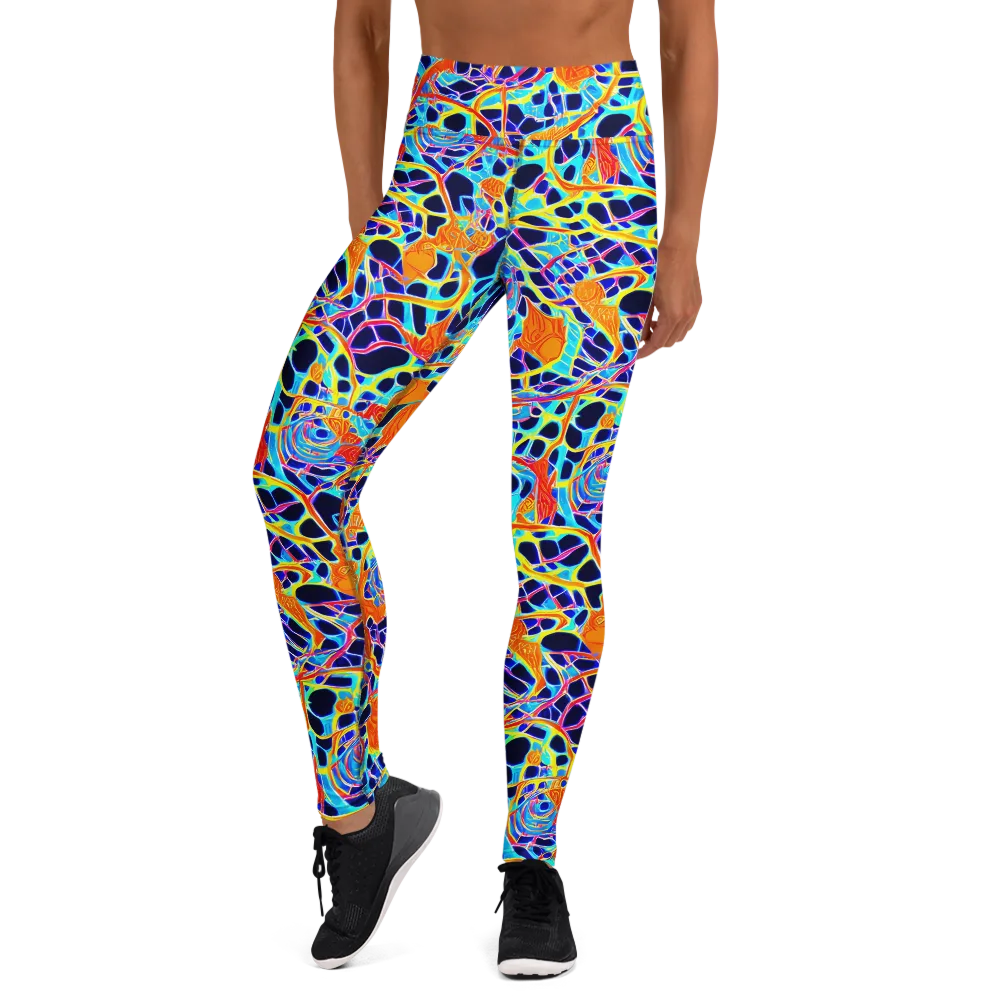 Neon Coral Circuit on Yoga Leggings — Front
