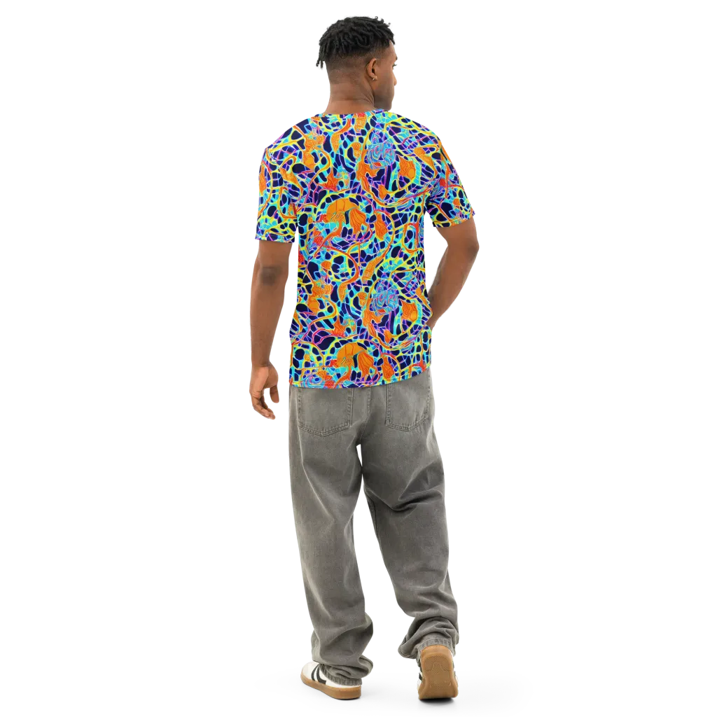 Neon Coral Circuit on Men's Cotton Crew Neck T-Shirt — Back