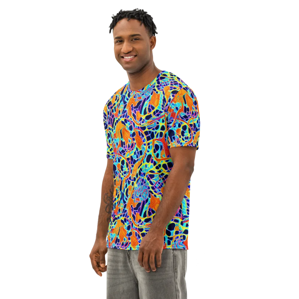 Neon Coral Circuit on Men's Cotton Crew Neck T-Shirt — Left Front