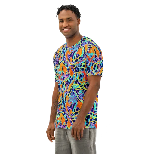 Neon Coral Circuit on a Men's Cotton Crew Neck T-Shirt