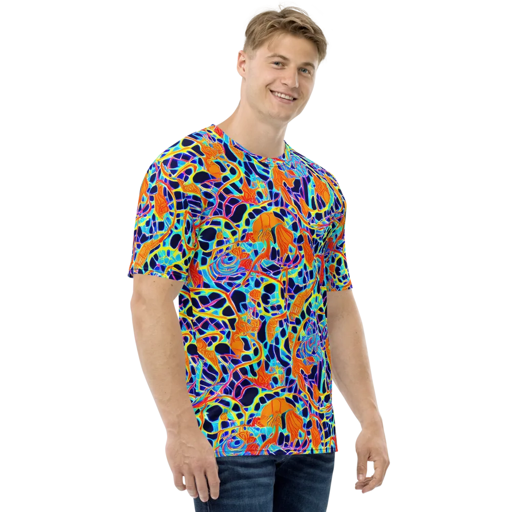 Neon Coral Circuit on Men's Crew Neck T-Shirt — Right