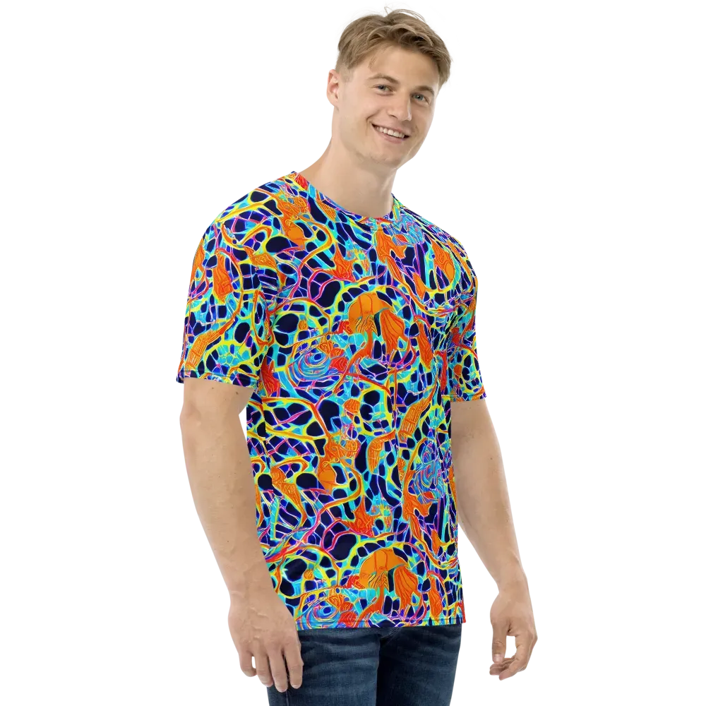 Neon Coral Circuit on Men's Crew Neck T-Shirt — Right