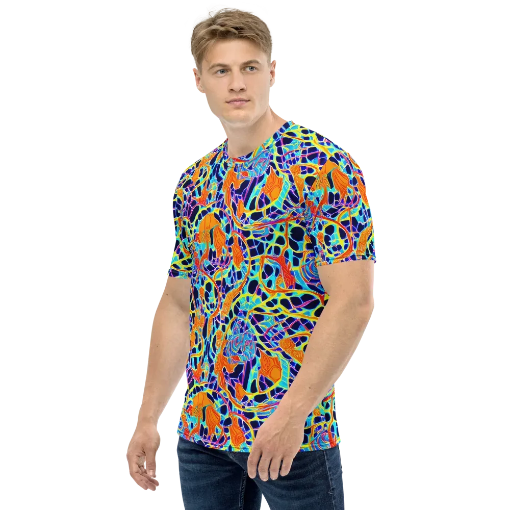 Neon Coral Circuit on Men's Crew Neck T-Shirt — Left