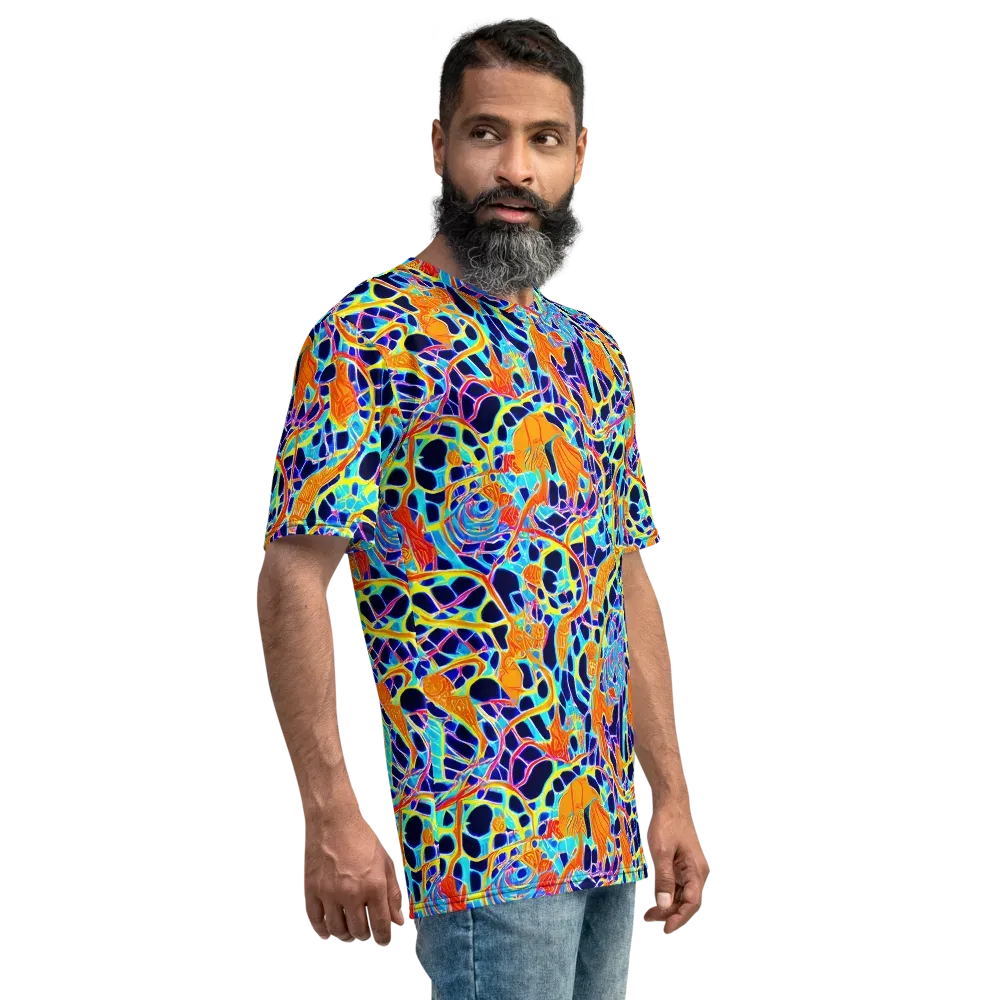 Neon Coral Circuit on Men's Crew Neck T-Shirt — Right