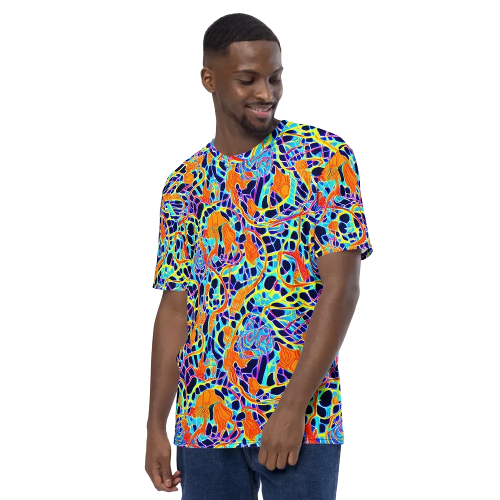 Neon Coral Circuit on Men's Crew Neck T-Shirt — Left