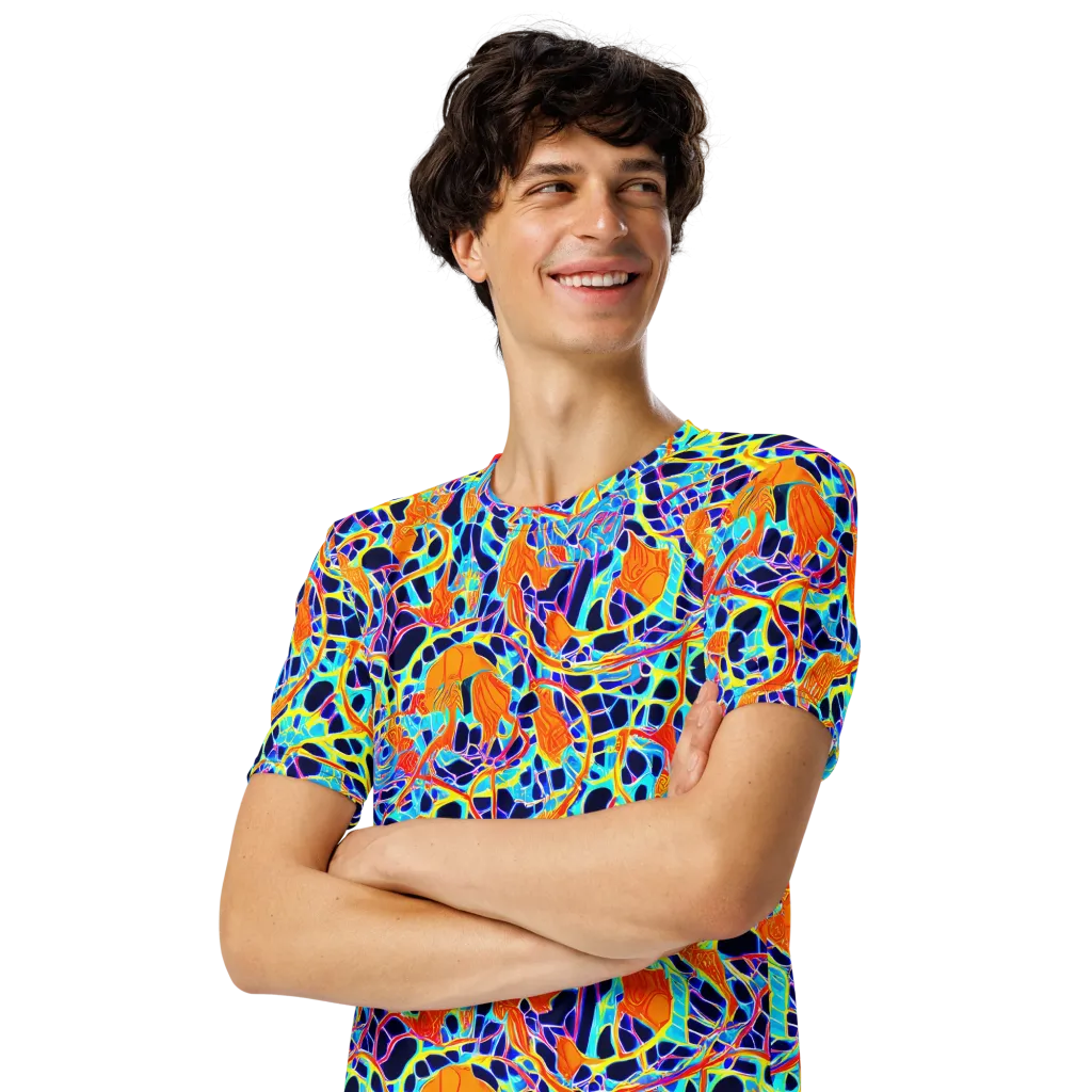 Neon Coral Circuit on Men's Crew Neck T-Shirt — Left Front