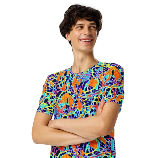 Neon Coral Circuit on a Men's Crew Neck T-Shirt