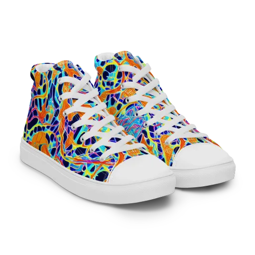 Neon Coral Circuit on a Men's High Top Canvas Shoes