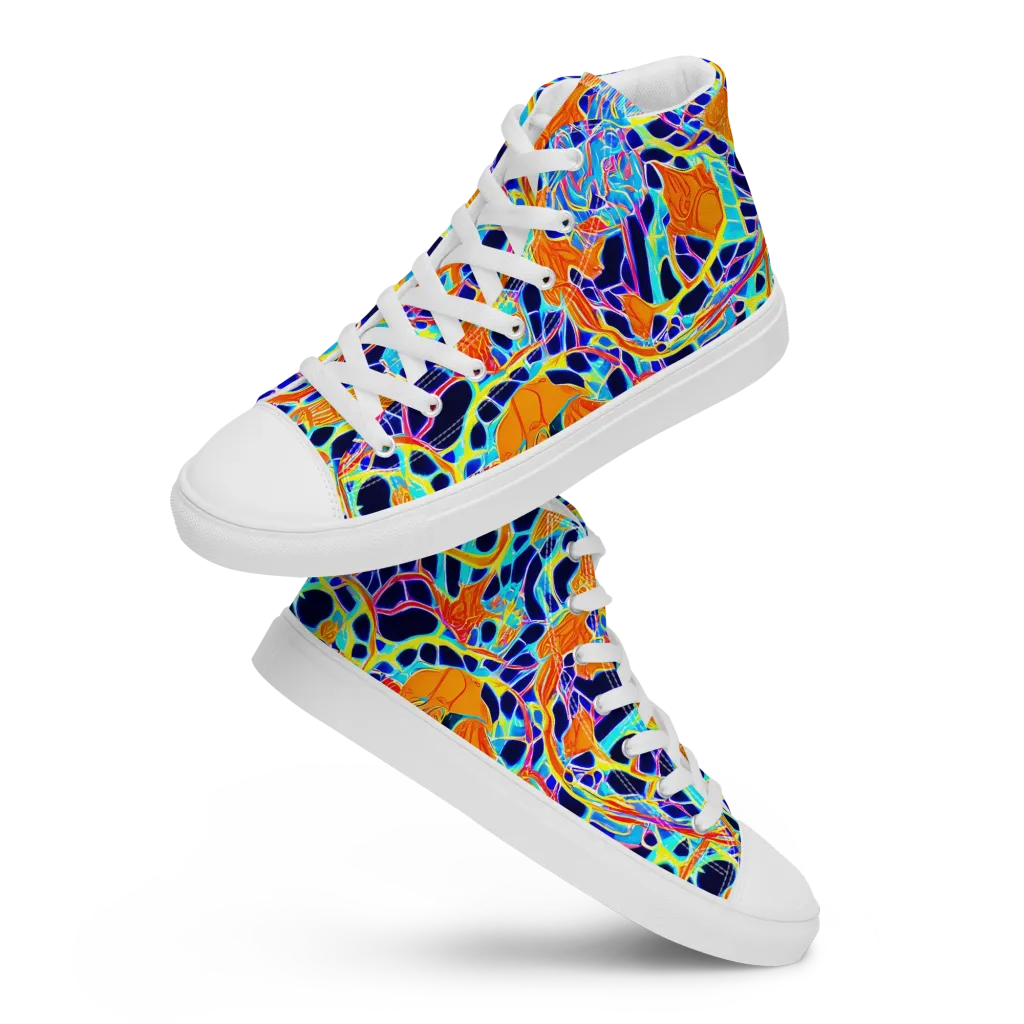 Neon Coral Circuit on Men's High Top Canvas Shoes — Front