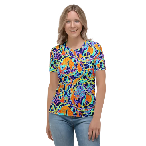 Neon Coral Circuit on a Women's Crew Neck T-Shirt