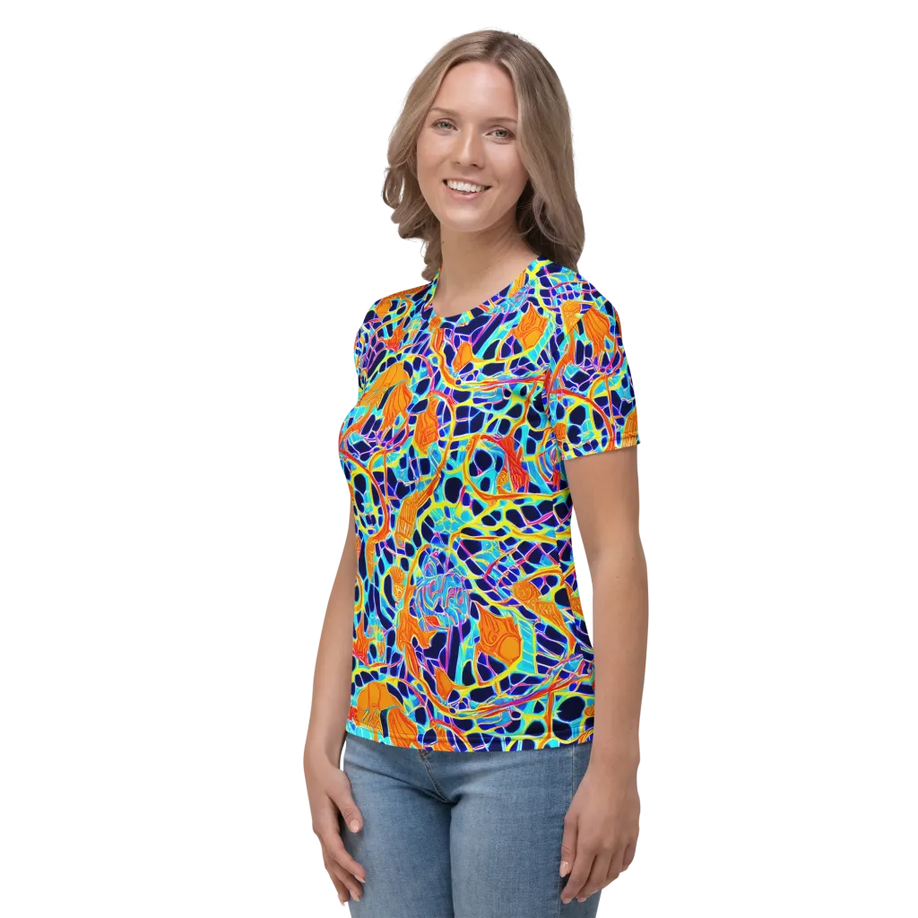 Neon Coral Circuit on Women's Crew Neck T-Shirt — Left