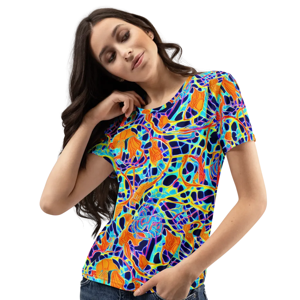 Neon Coral Circuit on Women's Crew Neck T-Shirt — Left Front
