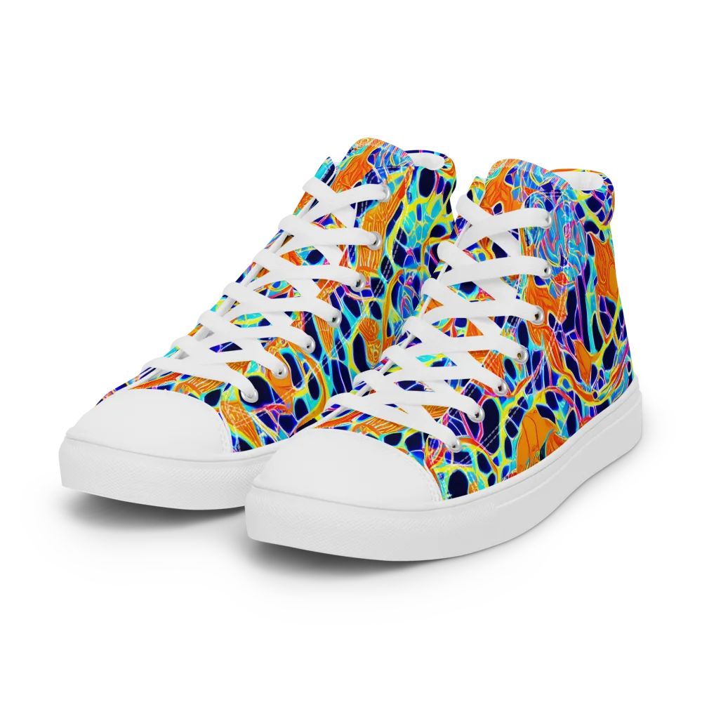 Neon Coral Circuit on Women's High Top Canvas Shoes — Left Front