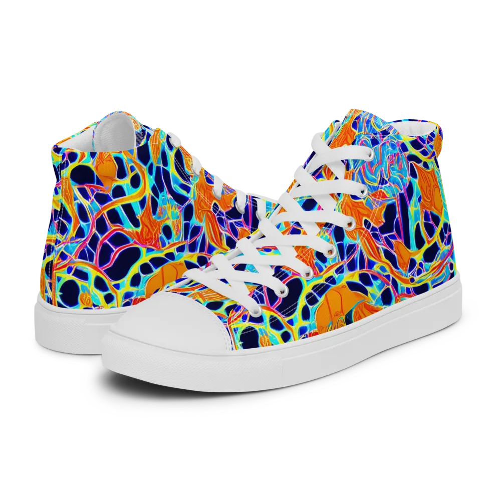 Neon Coral Circuit on Women's High Top Canvas Shoes — Left