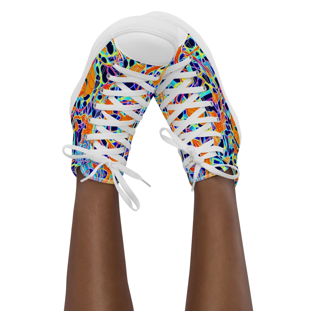 Neon Coral Circuit on Women's High Top Canvas Shoes — Front