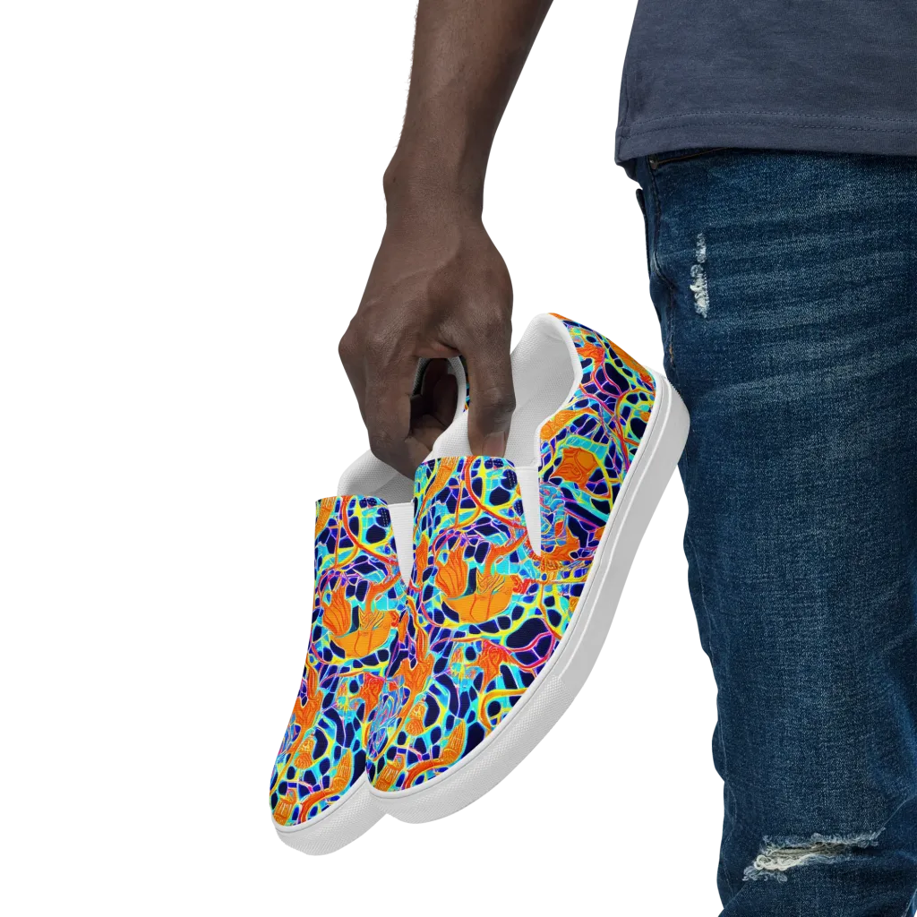 Neon Coral Circuit on Men's Slip-On Canvas Shoes — Left Front