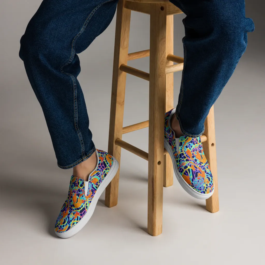 Neon Coral Circuit on Men's Slip-On Canvas Shoes — Front
