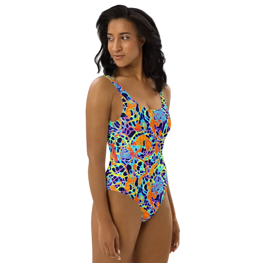 Neon Coral Circuit on One-Piece Swimsuit — Right