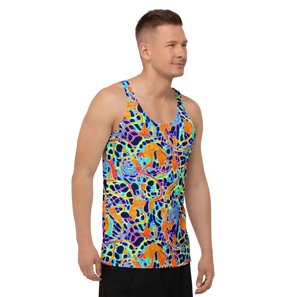 Neon Coral Circuit on Men's Tank Top — Right Front