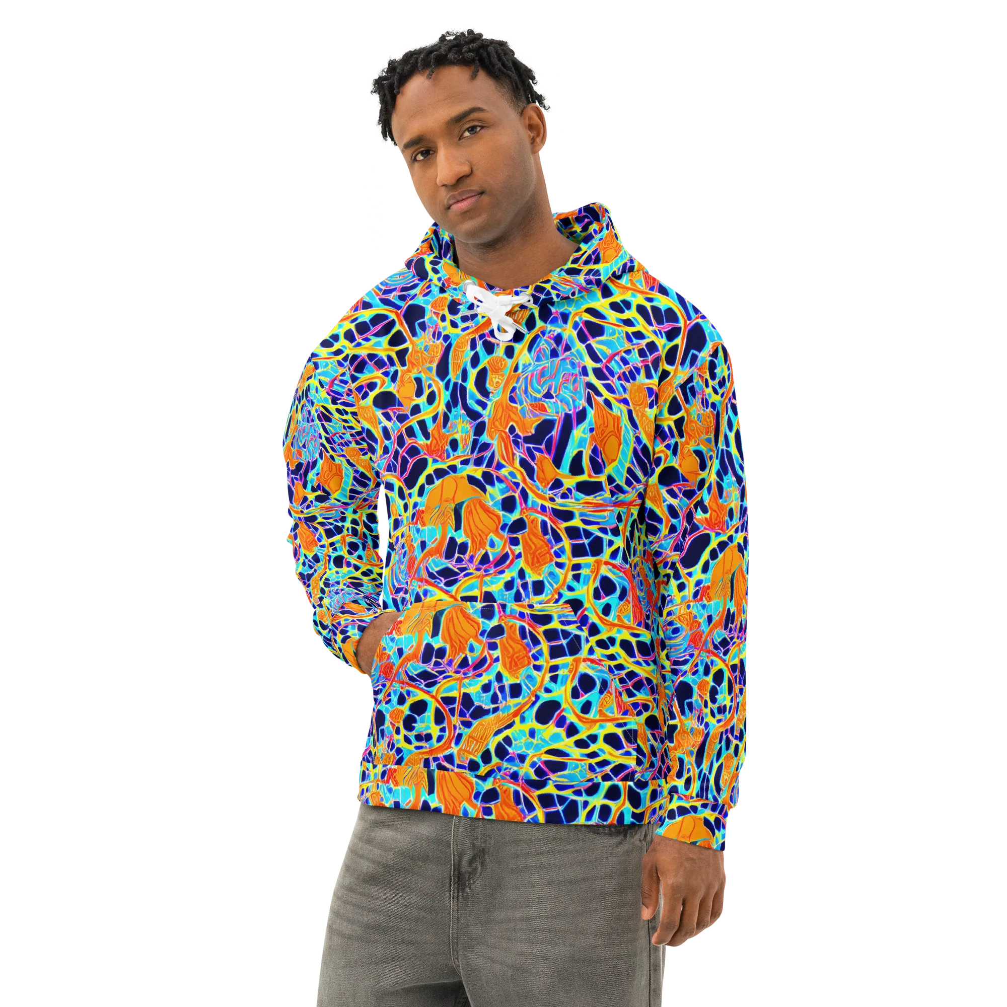 Neon Coral Circuit on Cotton Hoodie — Left Front