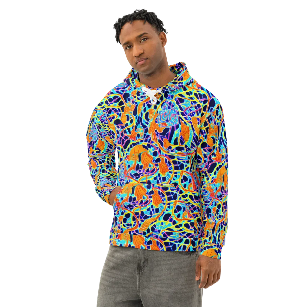 Neon Coral Circuit on Cotton Hoodie — Left Front