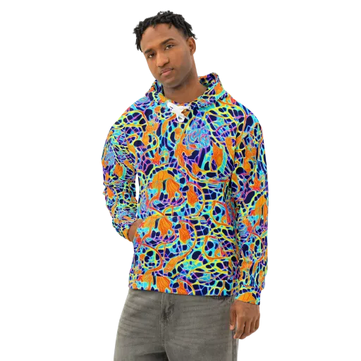 Neon Coral Circuit on a Cotton Hoodie