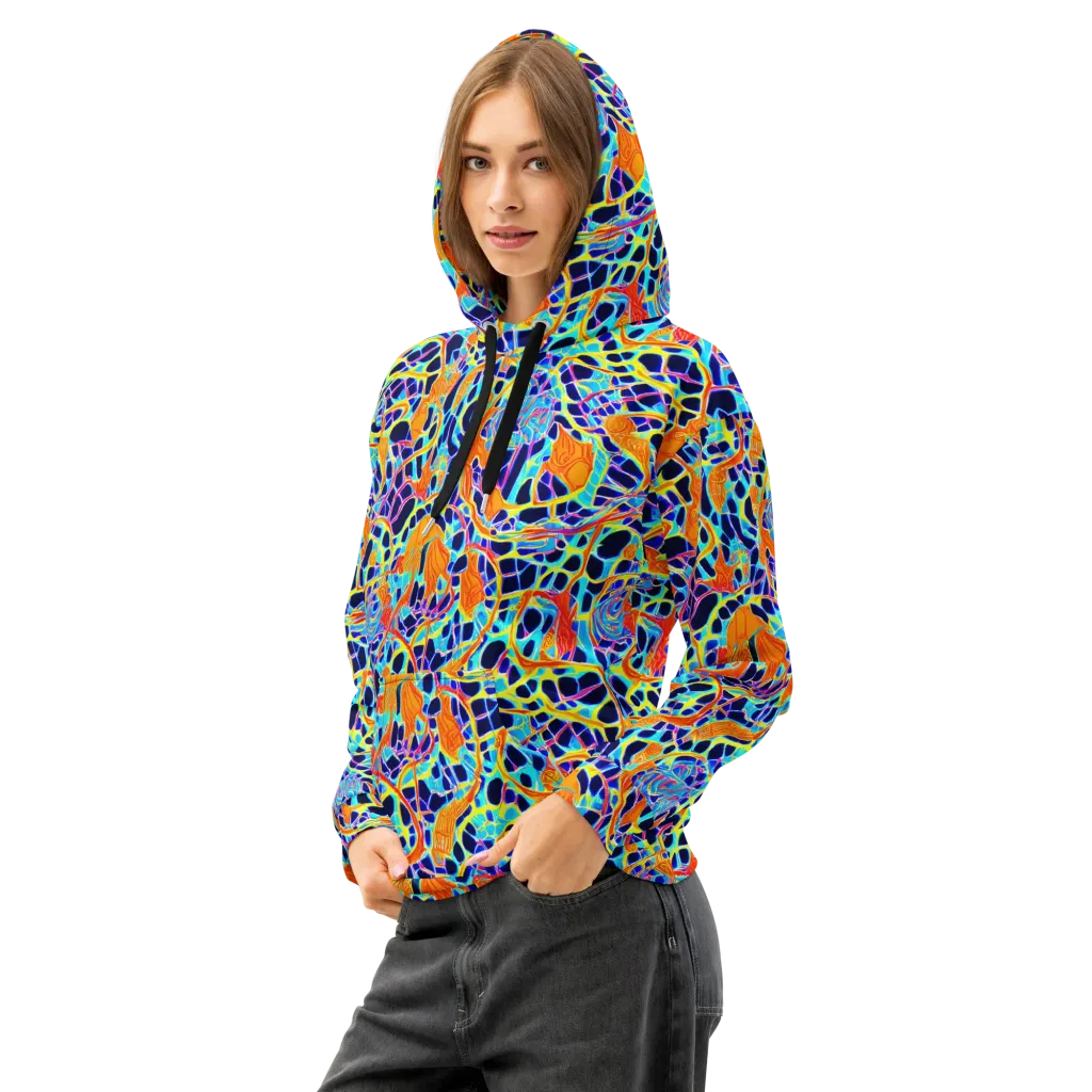 Neon Coral Circuit on Cotton Hoodie — Left Front