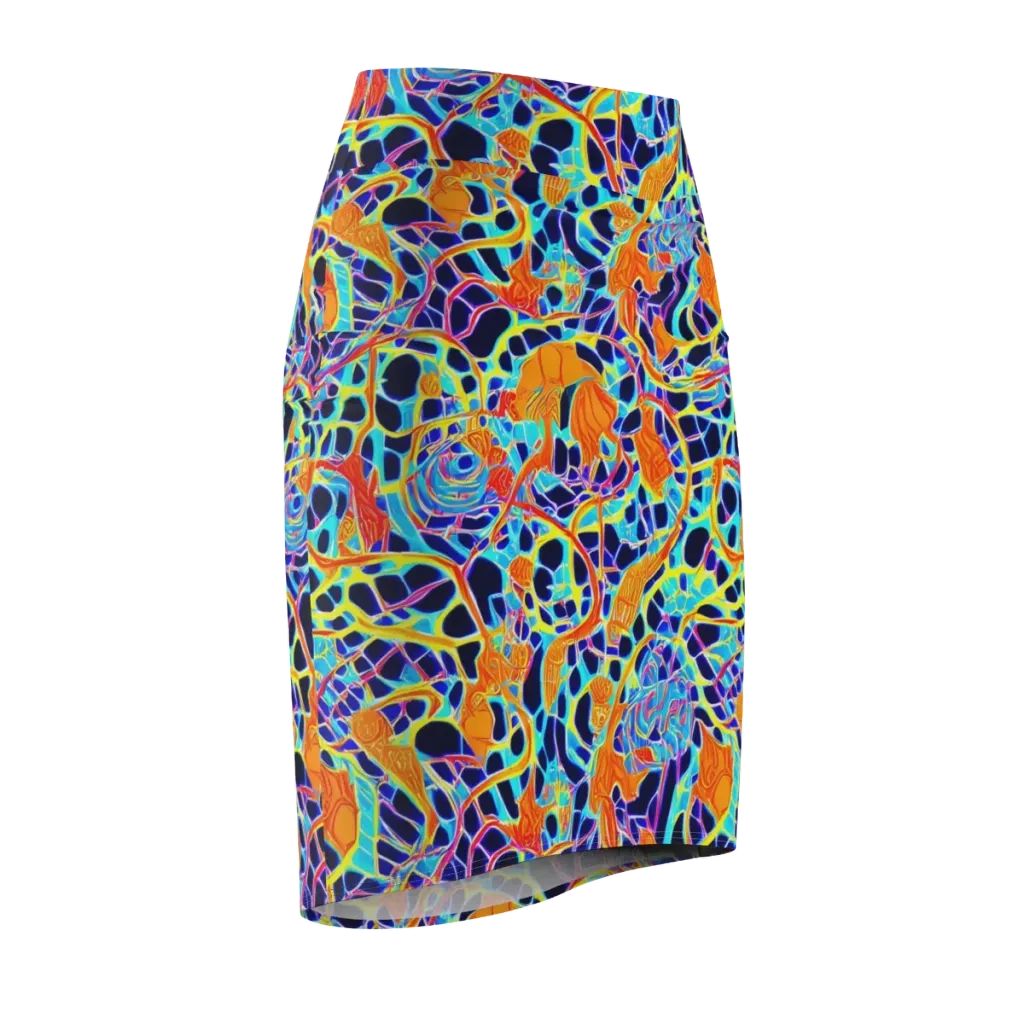 Neon Coral Circuit on Pencil Skirt — Front Side
