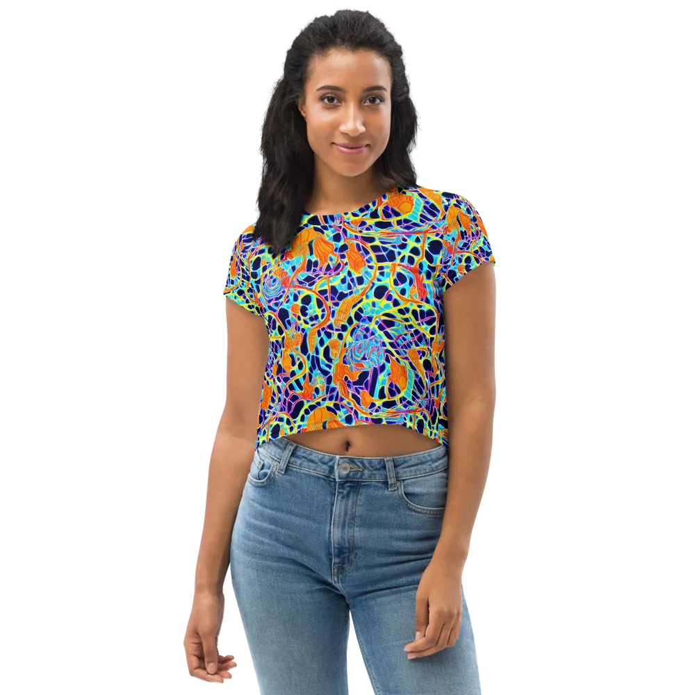 Neon Coral Circuit on Crop Tee — Front