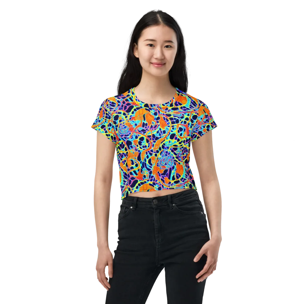 Neon Coral Circuit on Crop Tee — Front