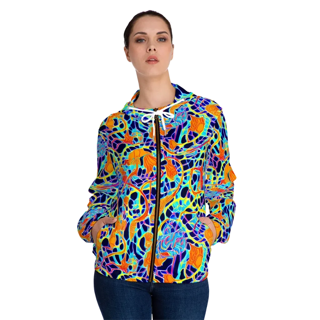 Neon Coral Circuit on Women's Full-Zip Hoodie — Front On Person