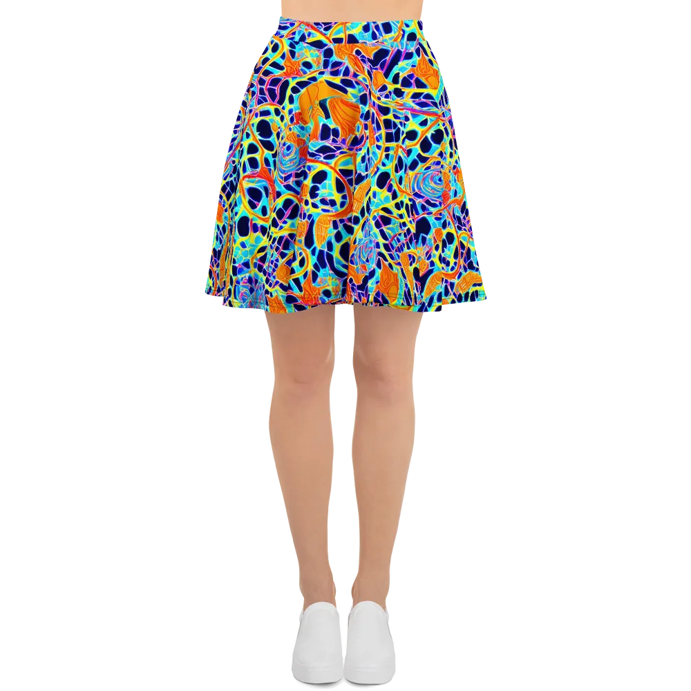 Neon Coral Circuit on Skater Skirt — Front