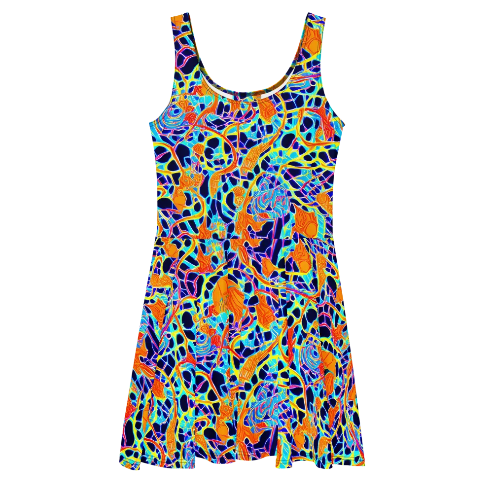 Neon Coral Circuit on Skater Dress — Front