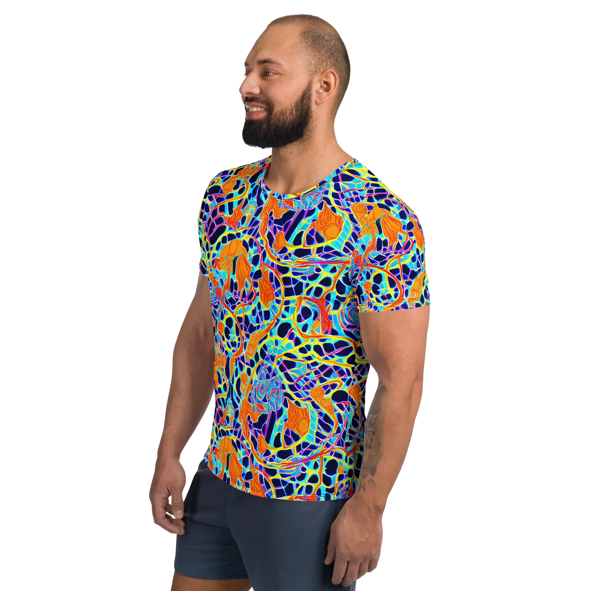 Neon Coral Circuit on Men's Athletic T-Shirt — Left