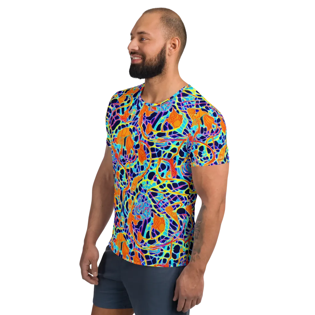 Neon Coral Circuit on Men's Athletic T-Shirt — Left