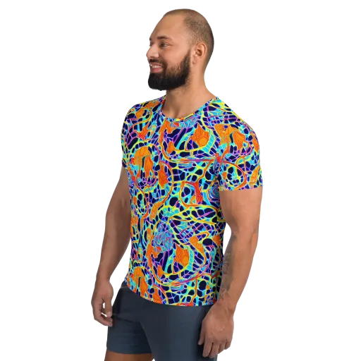 Neon Coral Circuit on a Men's Athletic T-Shirt