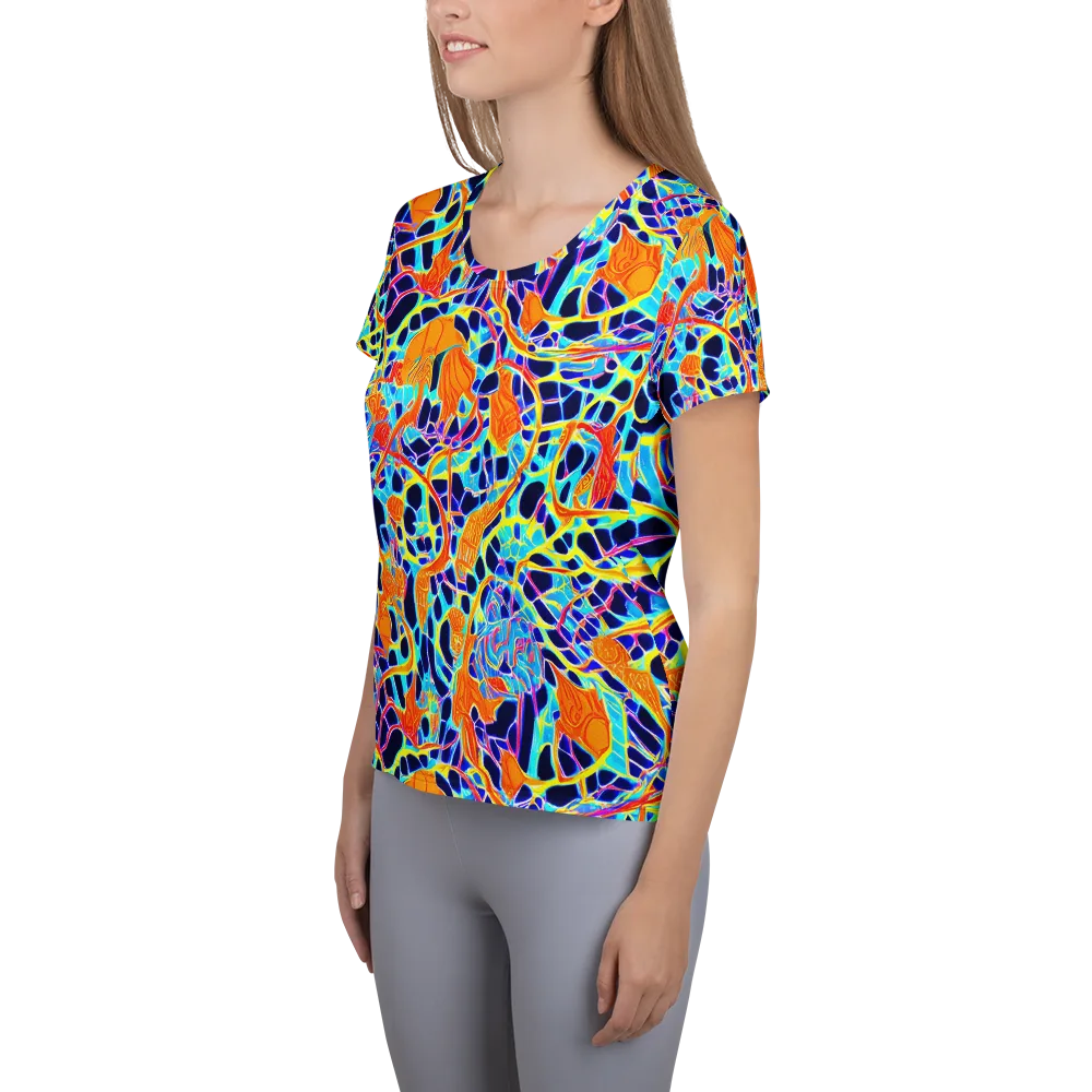 Neon Coral Circuit on Women's Athletic T-Shirt — Left