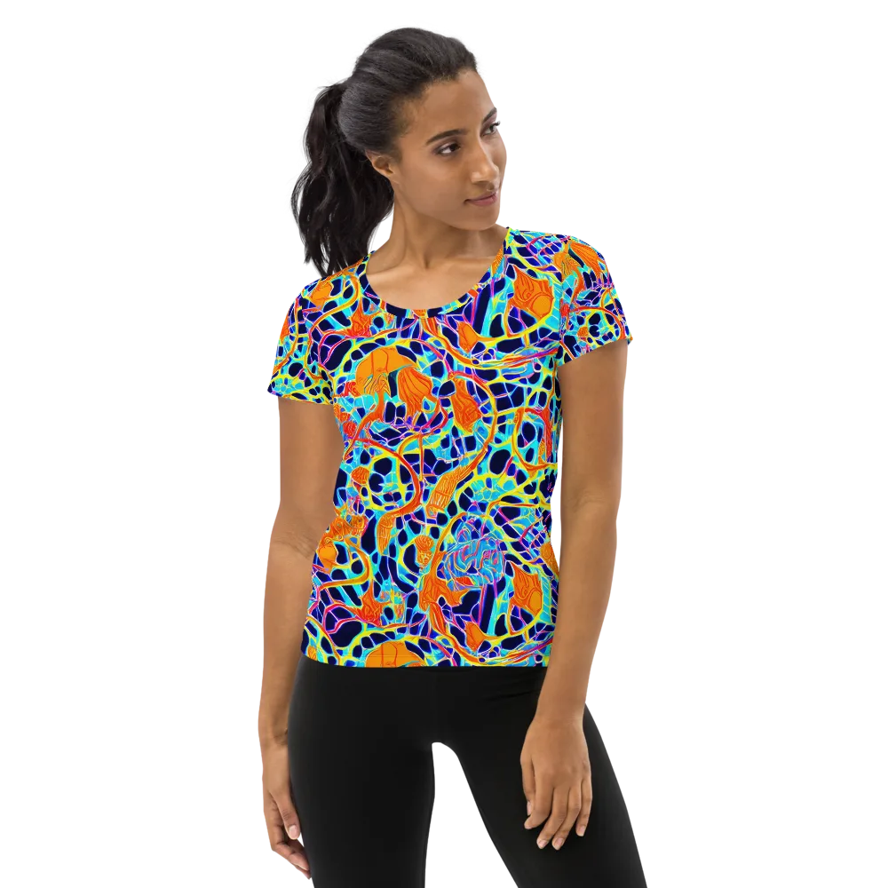 Neon Coral Circuit on Women's Athletic T-Shirt — Front