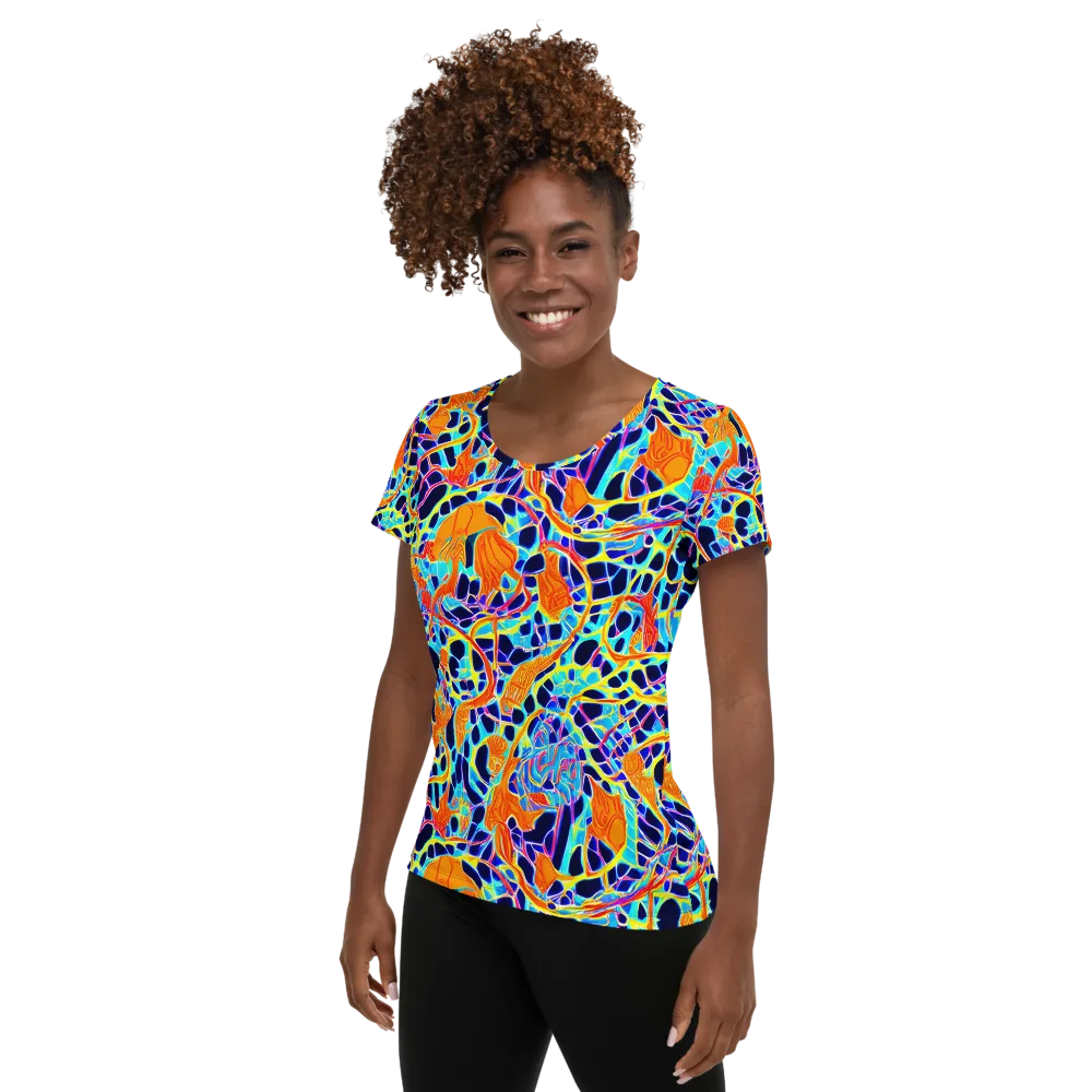 Neon Coral Circuit on Women's Athletic T-Shirt — Left