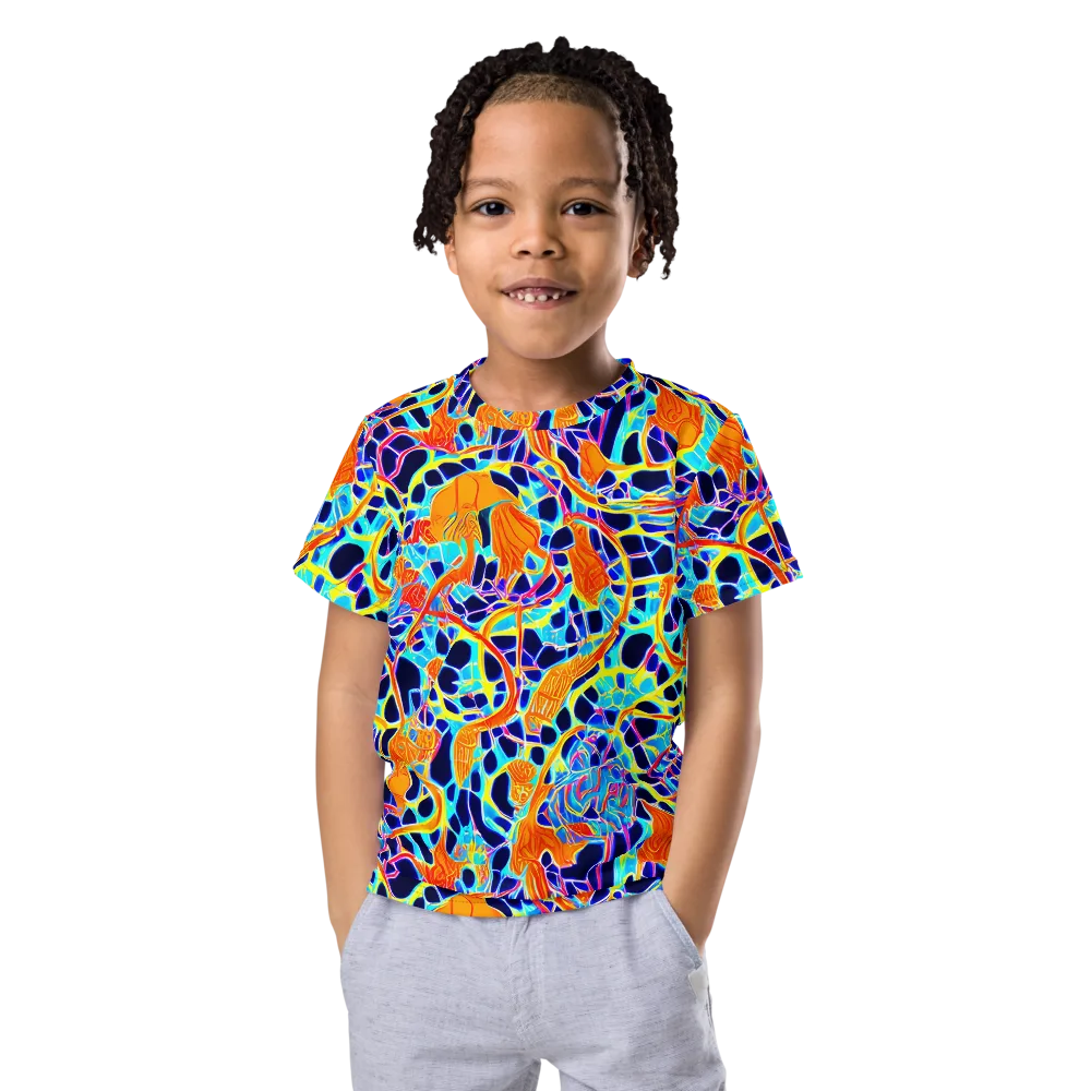 Neon Coral Circuit on Kids Crew Neck T-Shirt — Front