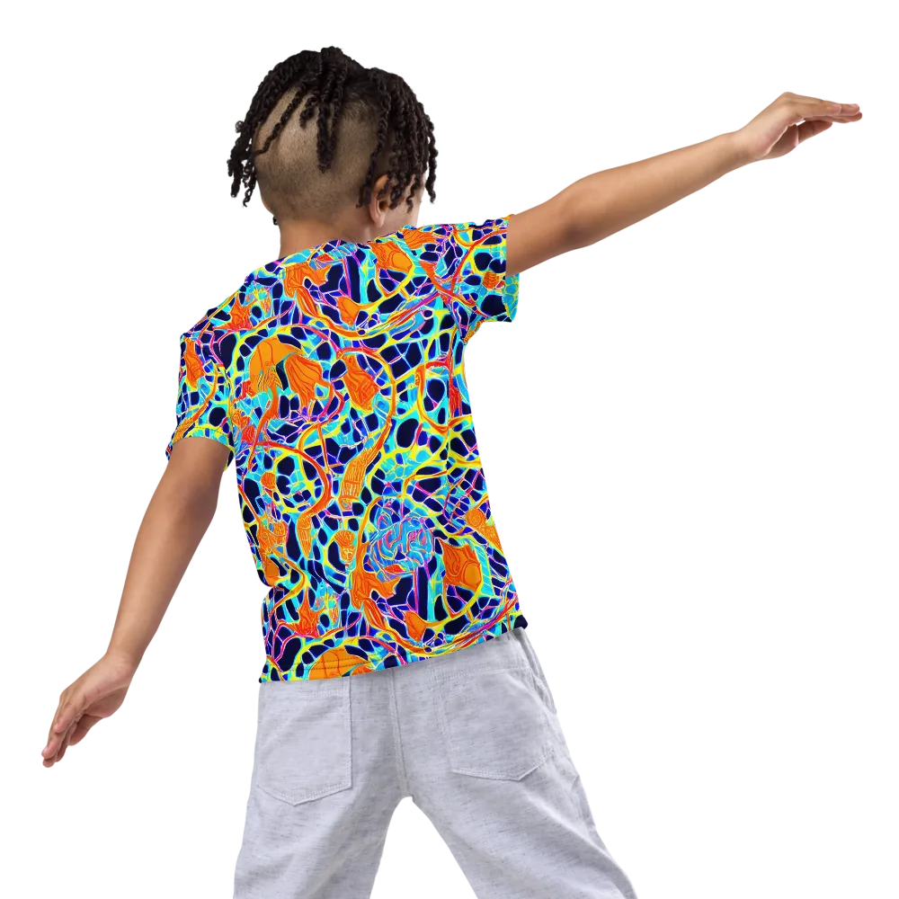 Neon Coral Circuit on Kids Crew Neck T-Shirt — Back