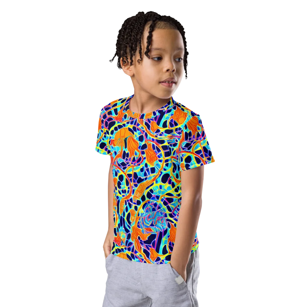 Neon Coral Circuit on Kids Crew Neck T-Shirt — Left Front