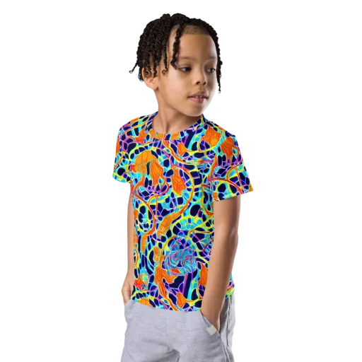 Neon Coral Circuit on a Kids Crew Neck T-Shirt