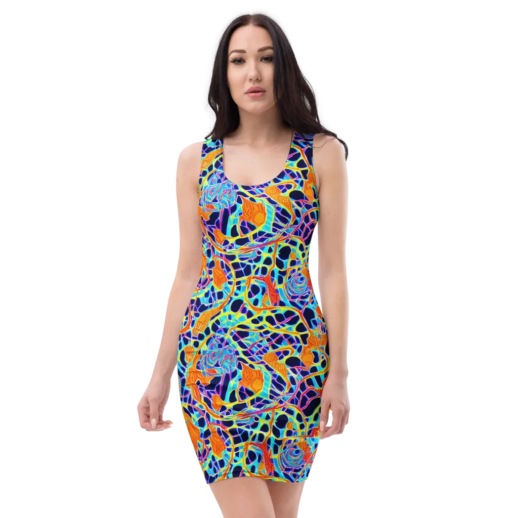 Neon Coral Circuit on Bodycon Dress — Front