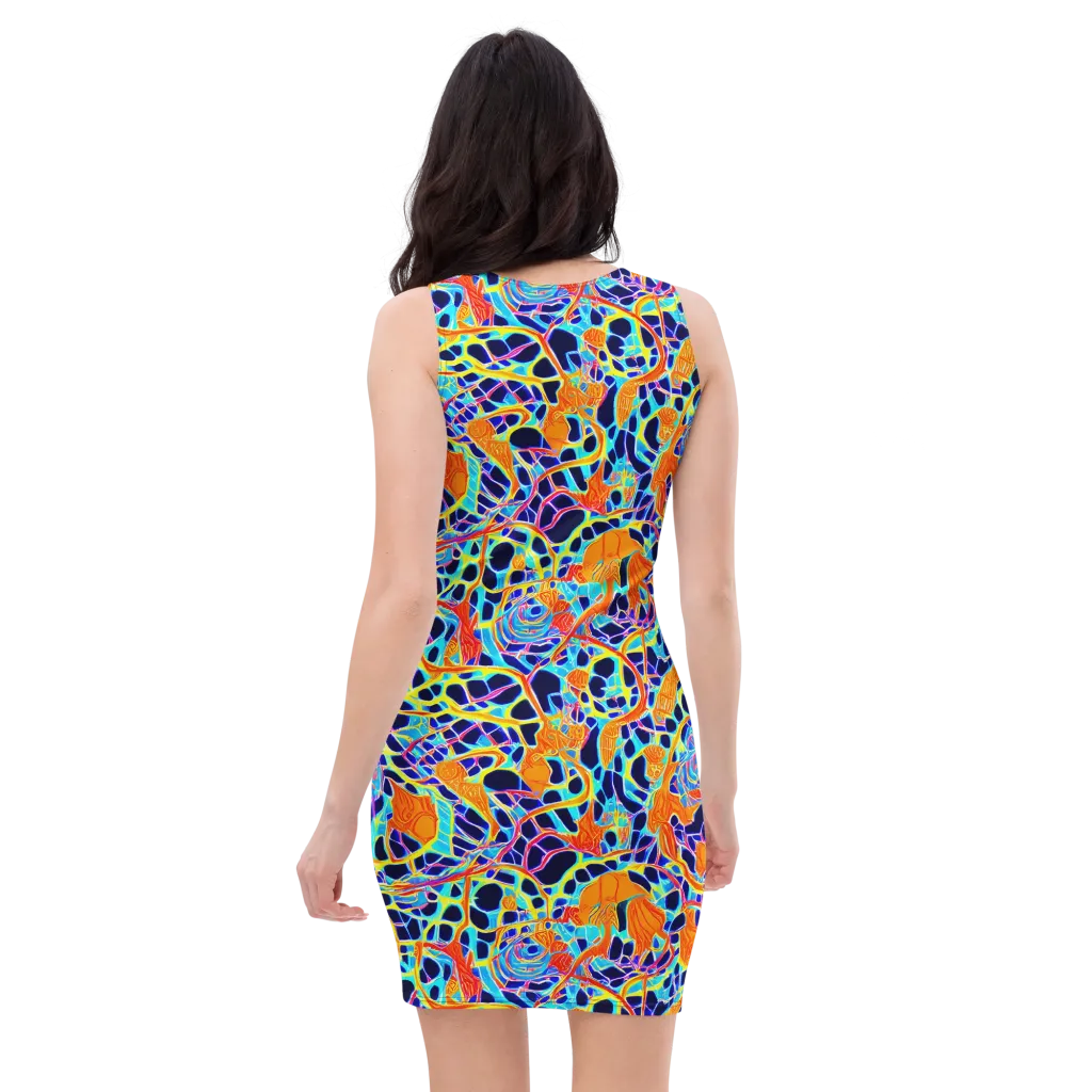Neon Coral Circuit on Bodycon Dress — Back
