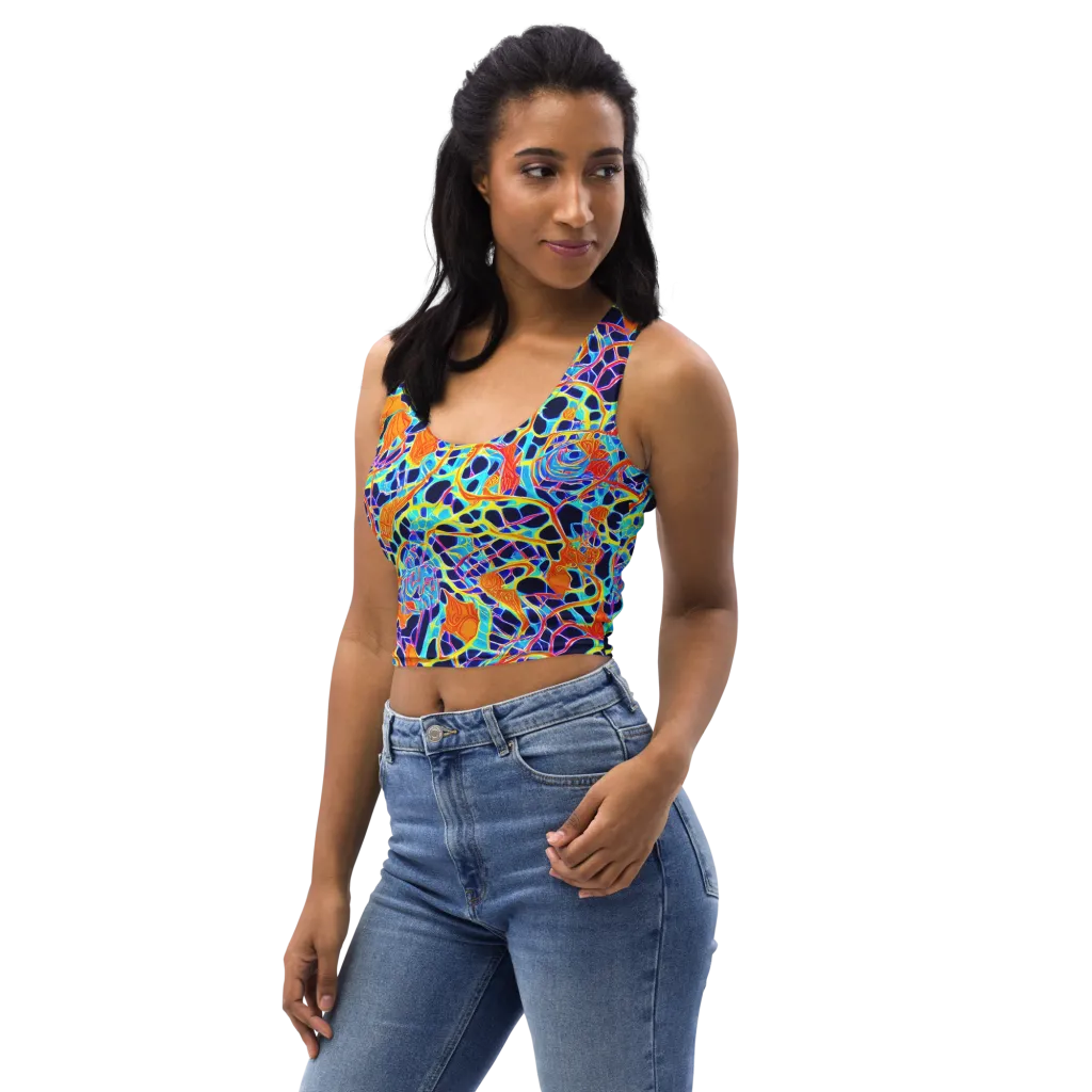 Neon Coral Circuit on Crop Top — Left Front